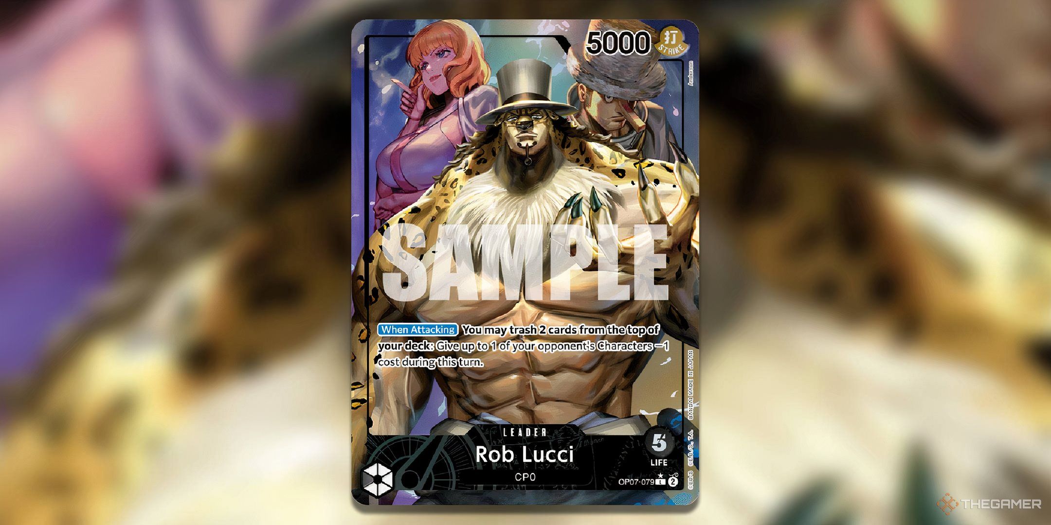 Rob Lucci alternate art from OP-07 with a gaussian blur background.