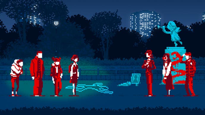 A group of individuals gather in a park near a murder scene in Urban Myth Dissolution Center.