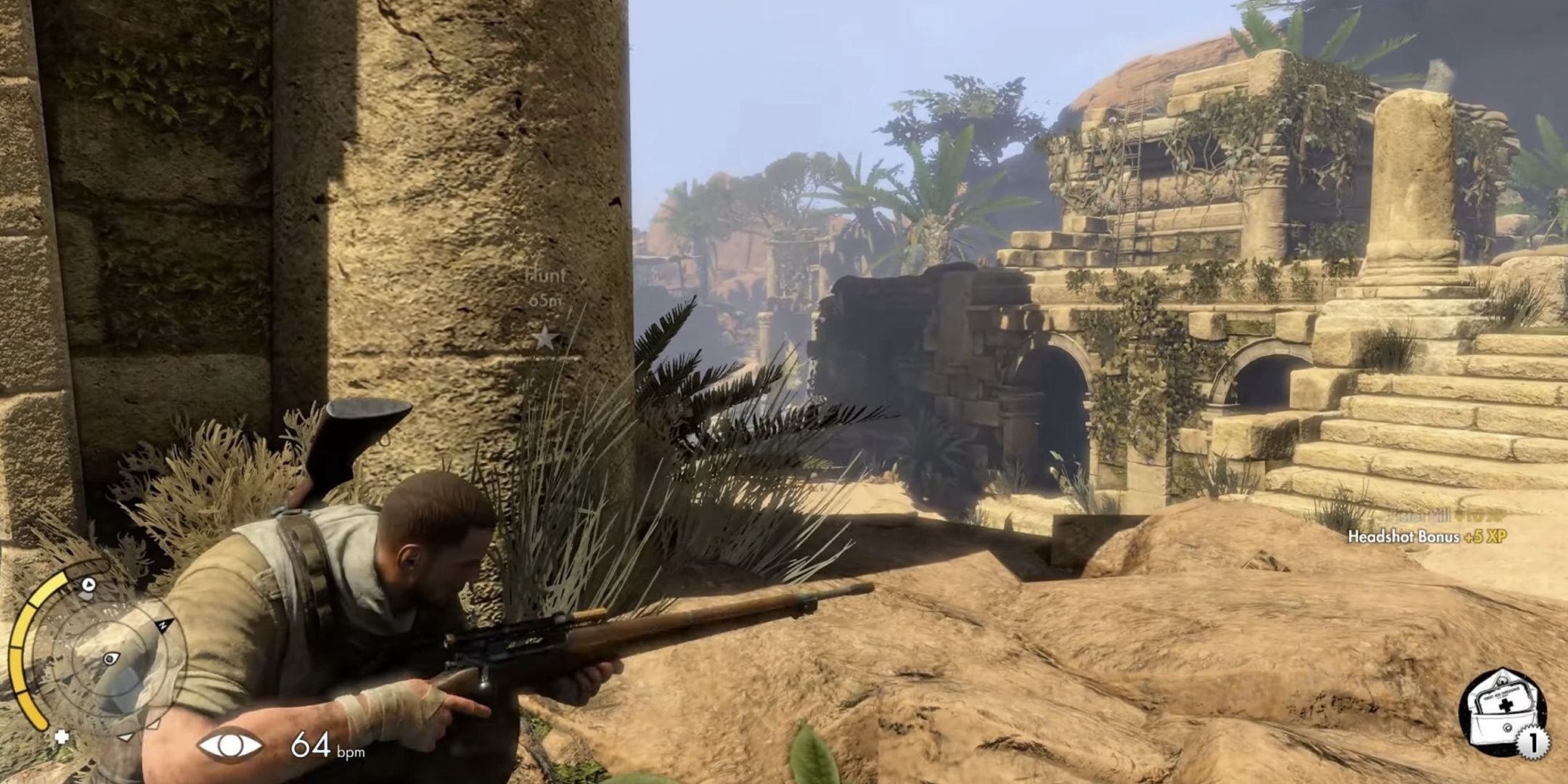 Trying to spot a sniper in the distance during Save Churchill Part 3 in Sniper Elite 3.