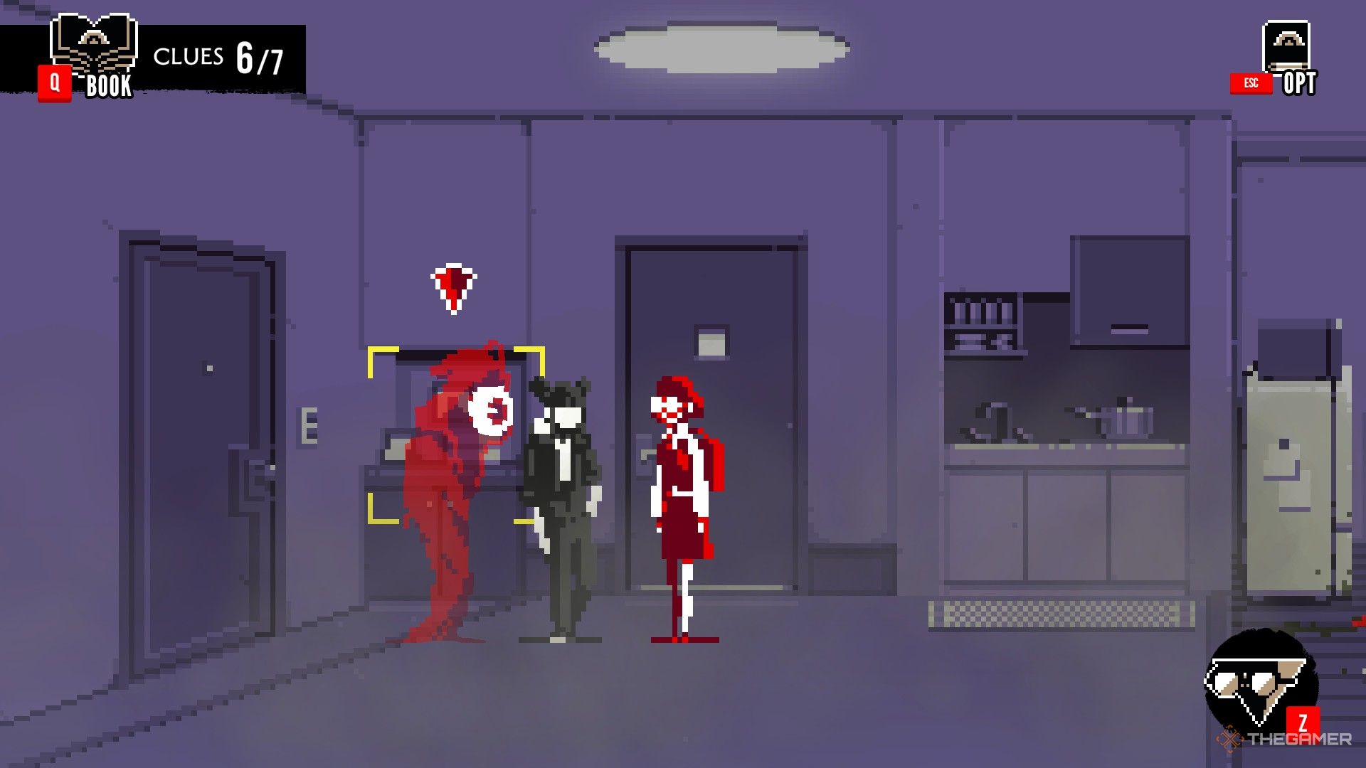 Azami is standing next to one-eyed shadowy figure near the door in Urban Myth Dissolution Center.