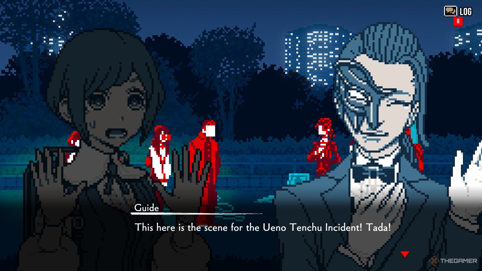 Azami is speaking with the tour guide at the crime scene in Urban Myth Dissolution Center.