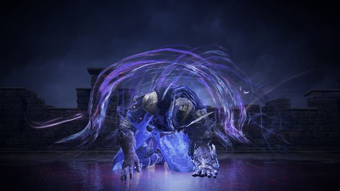 Elden Ring Nightreign screenshot showing knight character on the floor surrounded by purple energy