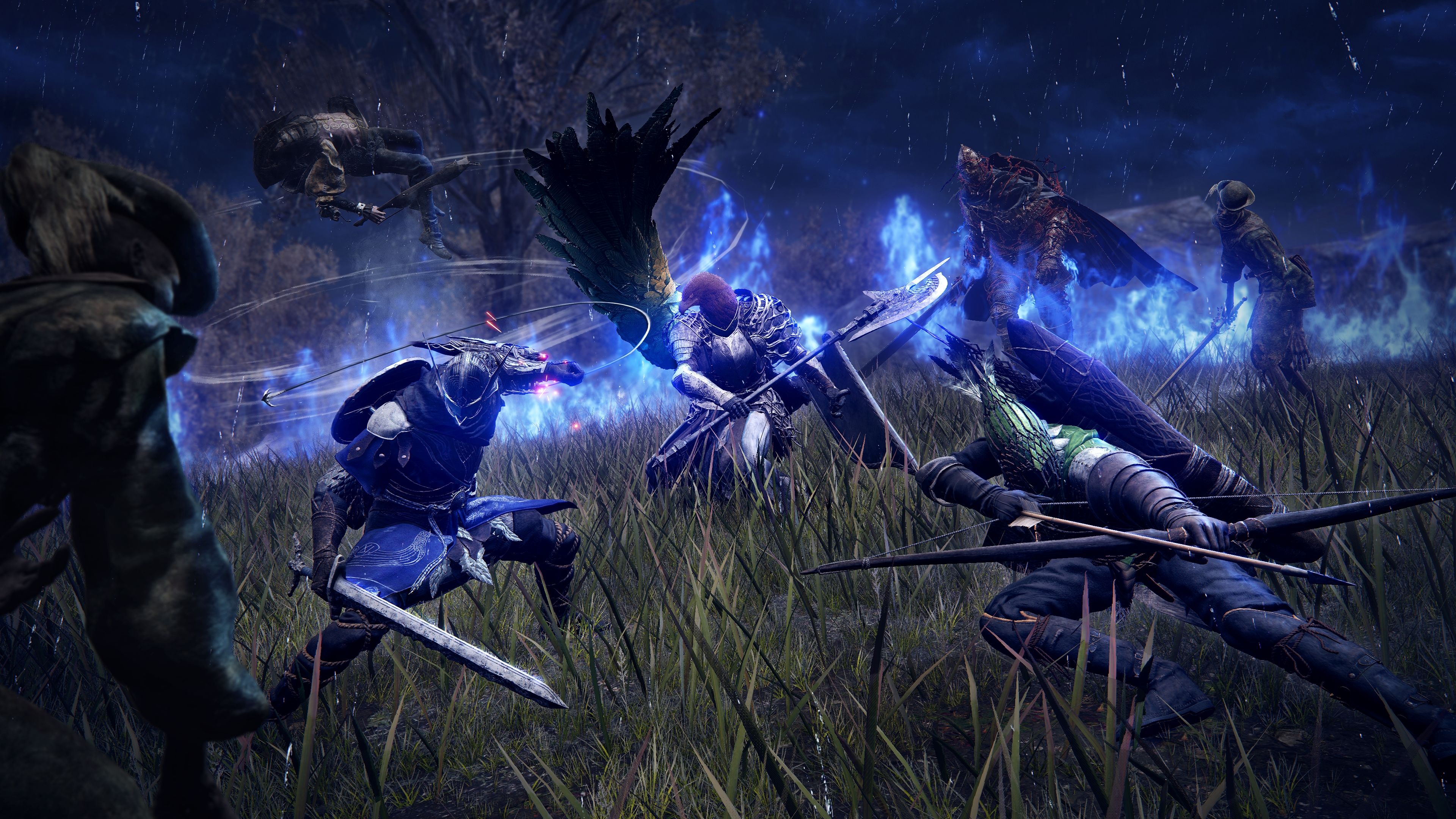 Elden Ring Nightreign trio surrounded by enemies, fighting back while the Ring of Fire encroaches.