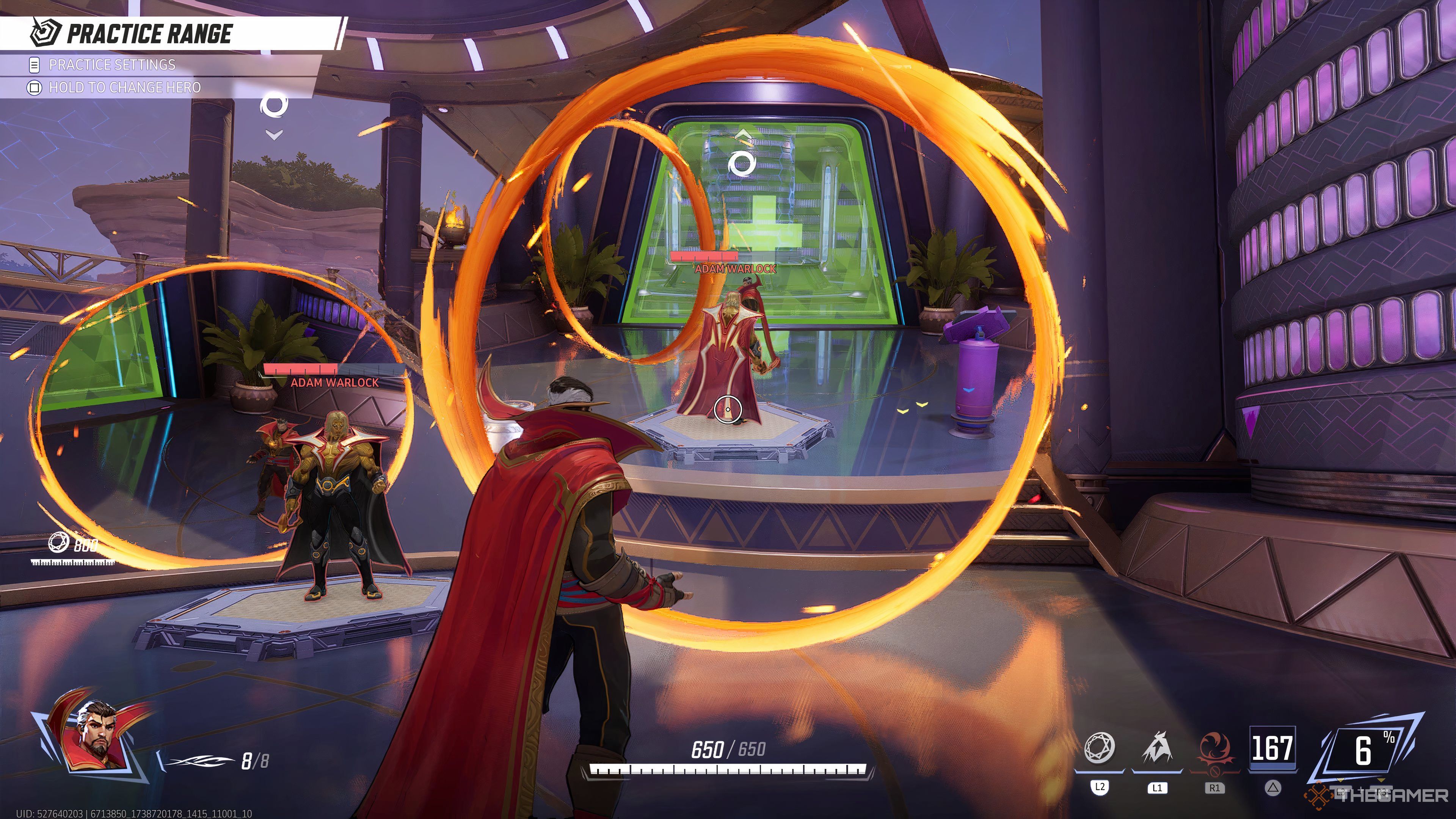 Doctor Strange opens a portal around Adam Warlock in the Marvel Rivals Practice Range.