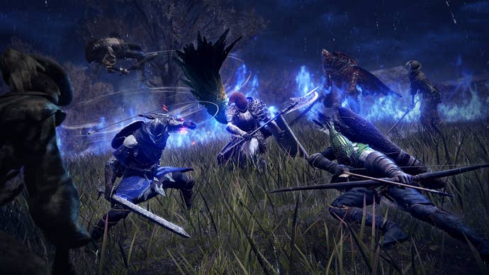 A group of players engages with a mob in Elden Ring Nightreign.