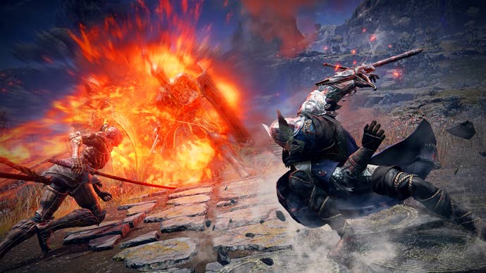 Two soldiers clash against a backdrop of bright flame in Elden Ring Nightreign.