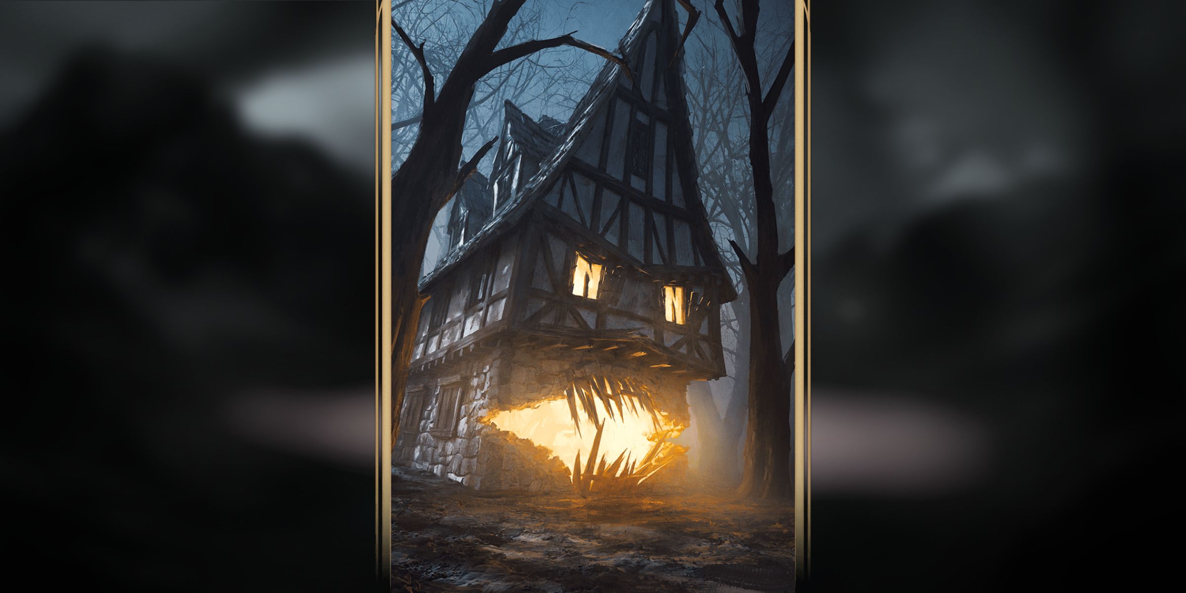 Haunting Revenant art showing a townhome with an evil face glowing from within.