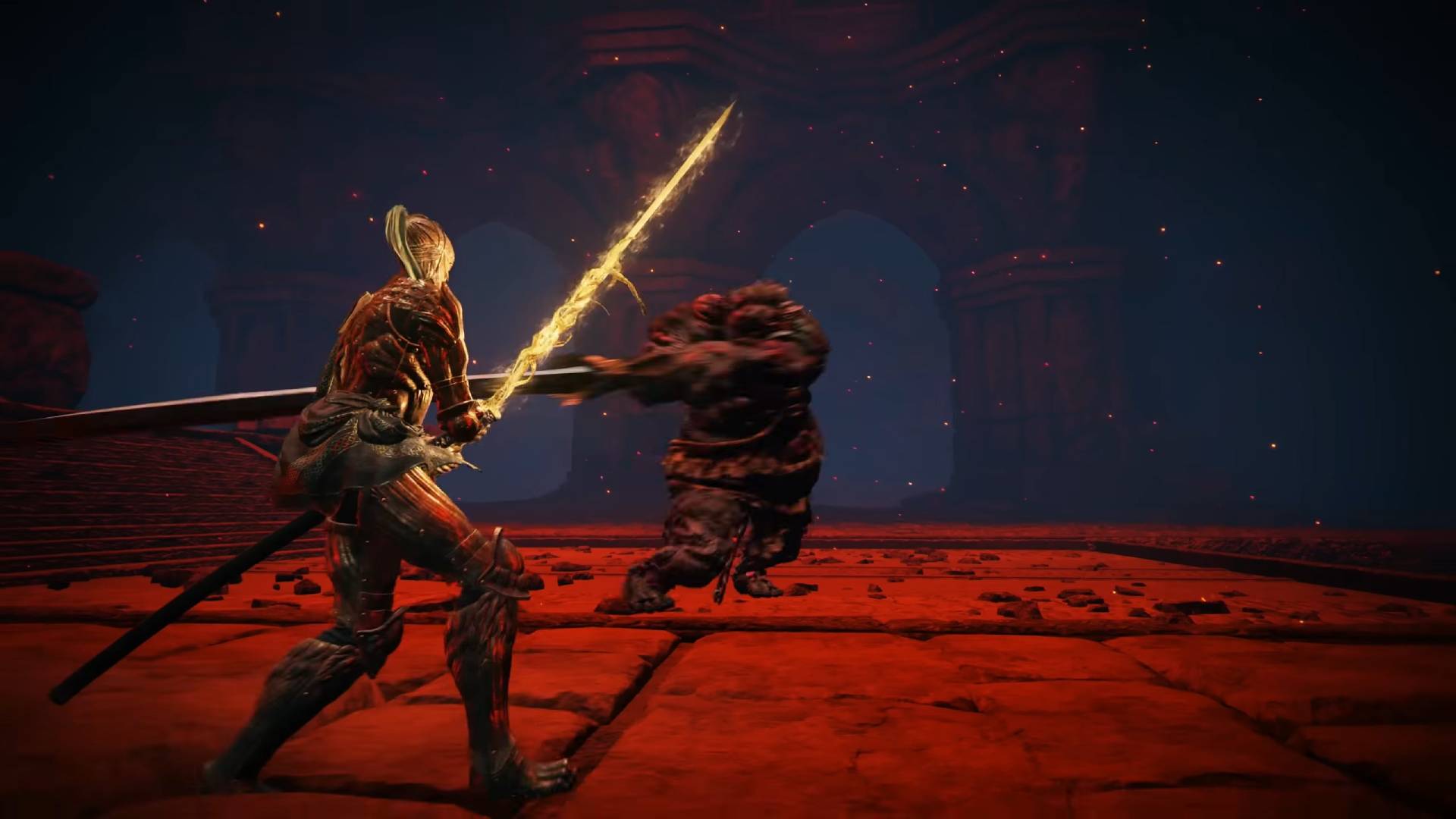 Elden Ring Nightreign character with glowing katana facing off against an omen