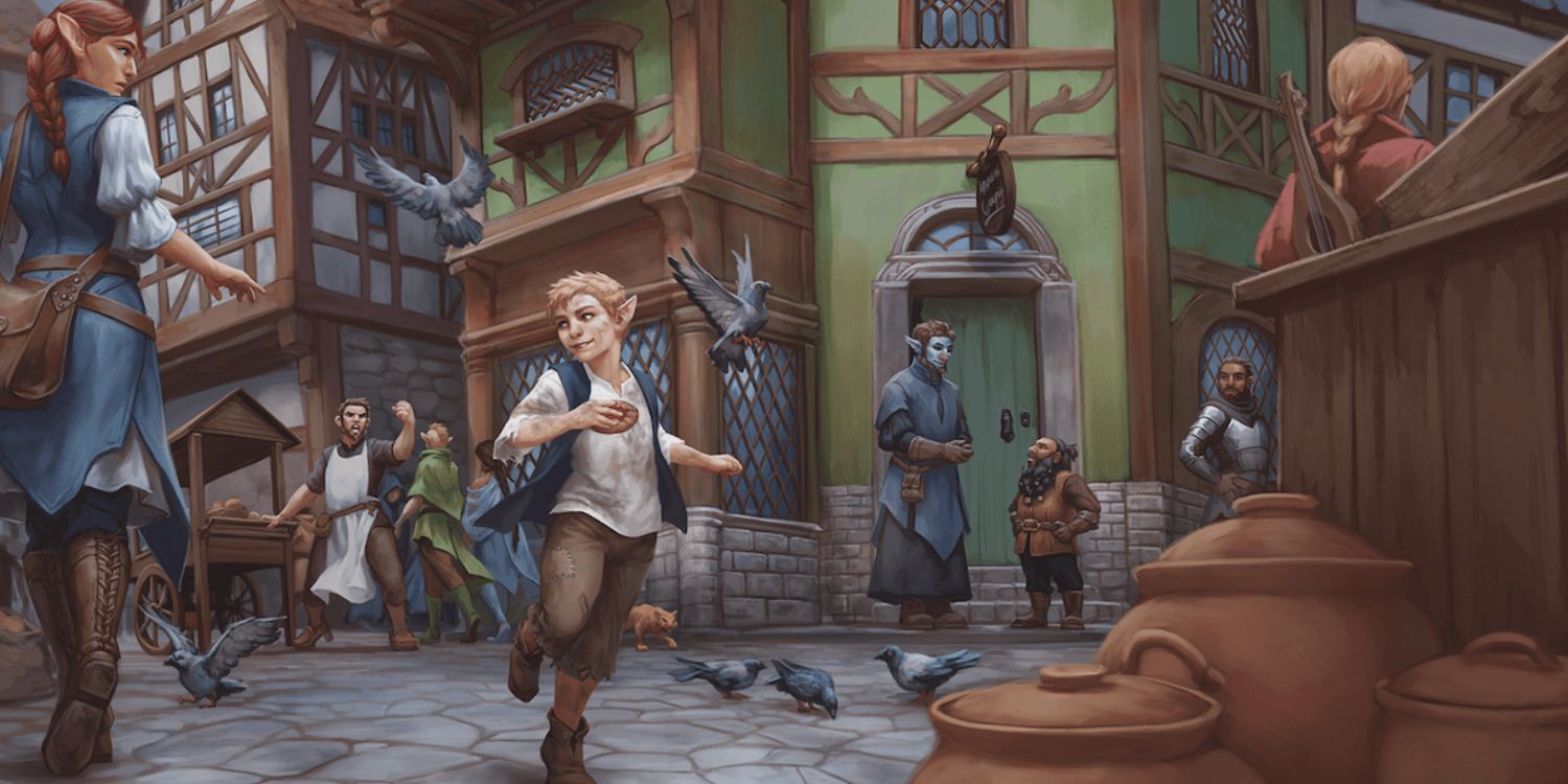 A child meanders through a market square near other shoppers and pigeons from Dungeons & Dragons.