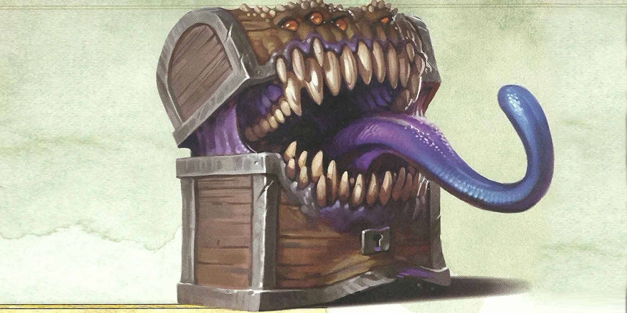 Dungeons & Dragons image showing how The Mimic appears as a treasure chest to lure in victims with its sharp teeth and large tongue.