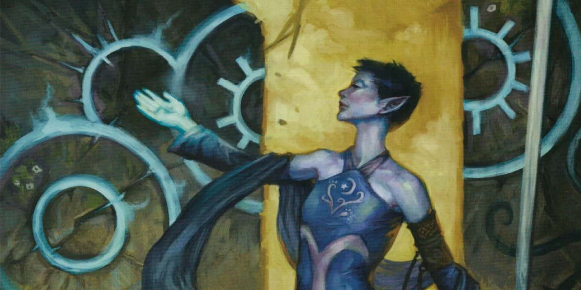 Dungeons and Dragons elven mage raising her hand as it glows with blue with symbols in the background.