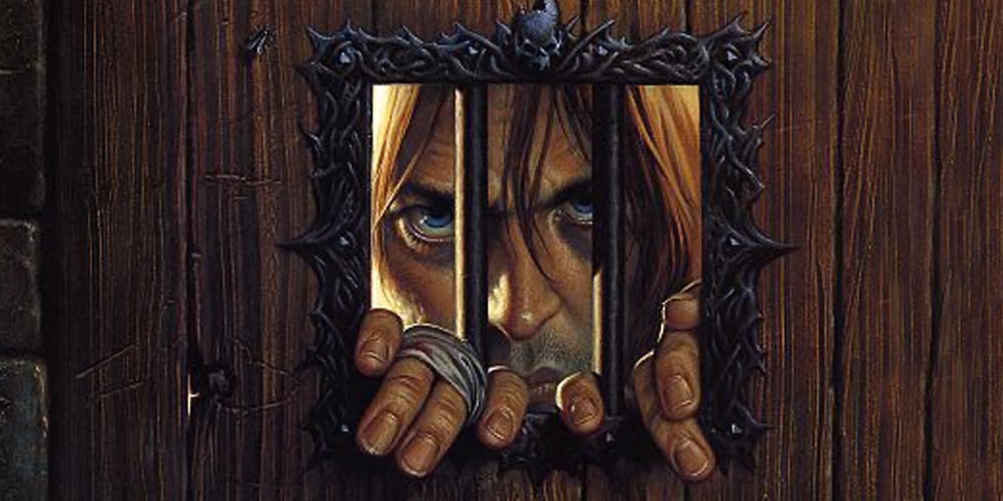 Wulfgar the barbarian peering through a secure door from Dungeons & Dragons.