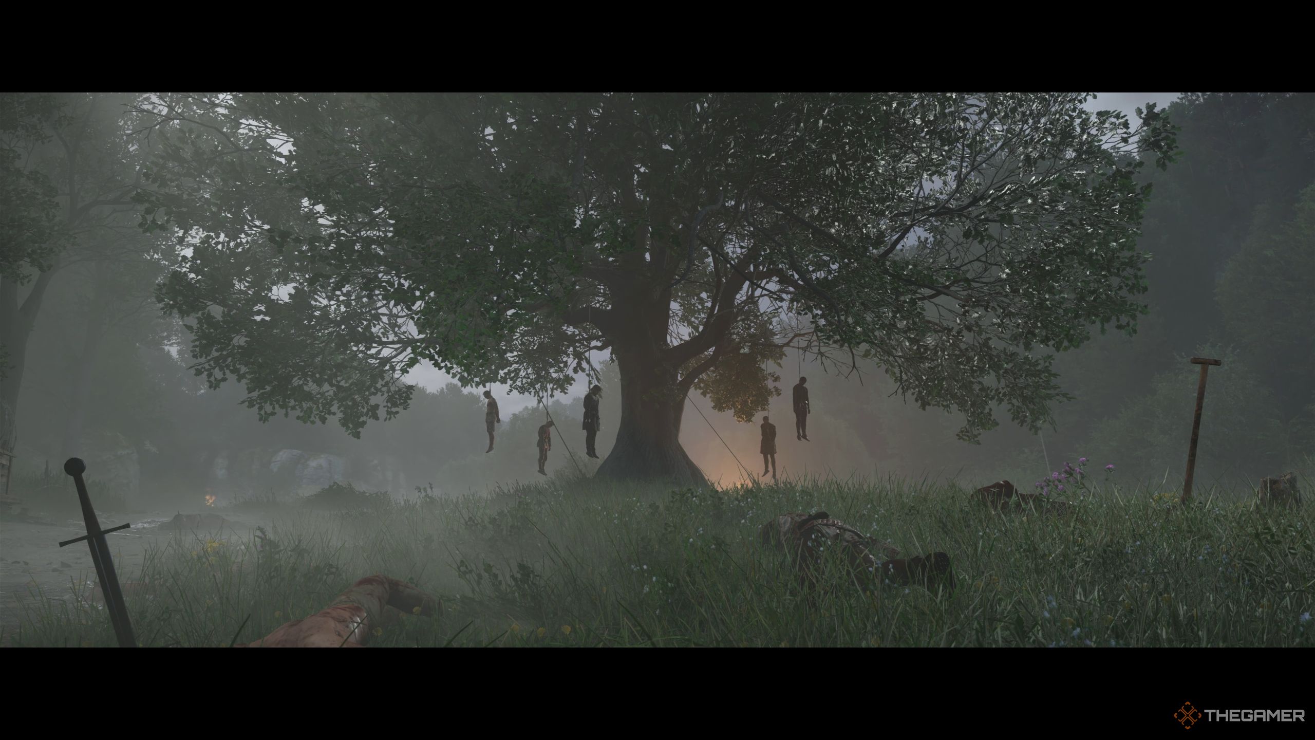 Cutscene of Von Bergow's soldiers hanged to a tree.