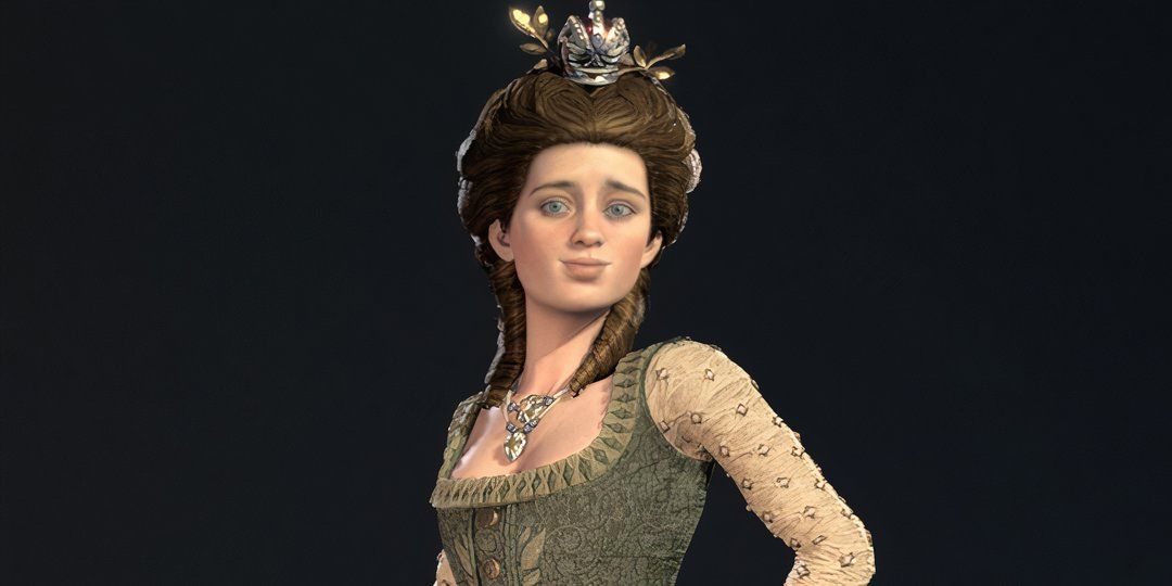 Catherine posing on her home screen in Civilization 7.