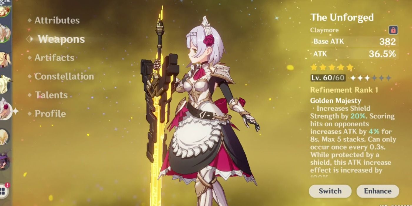 Noelle holding The Unforged in Genshin Impact with the weapon's stats being shown at the side.