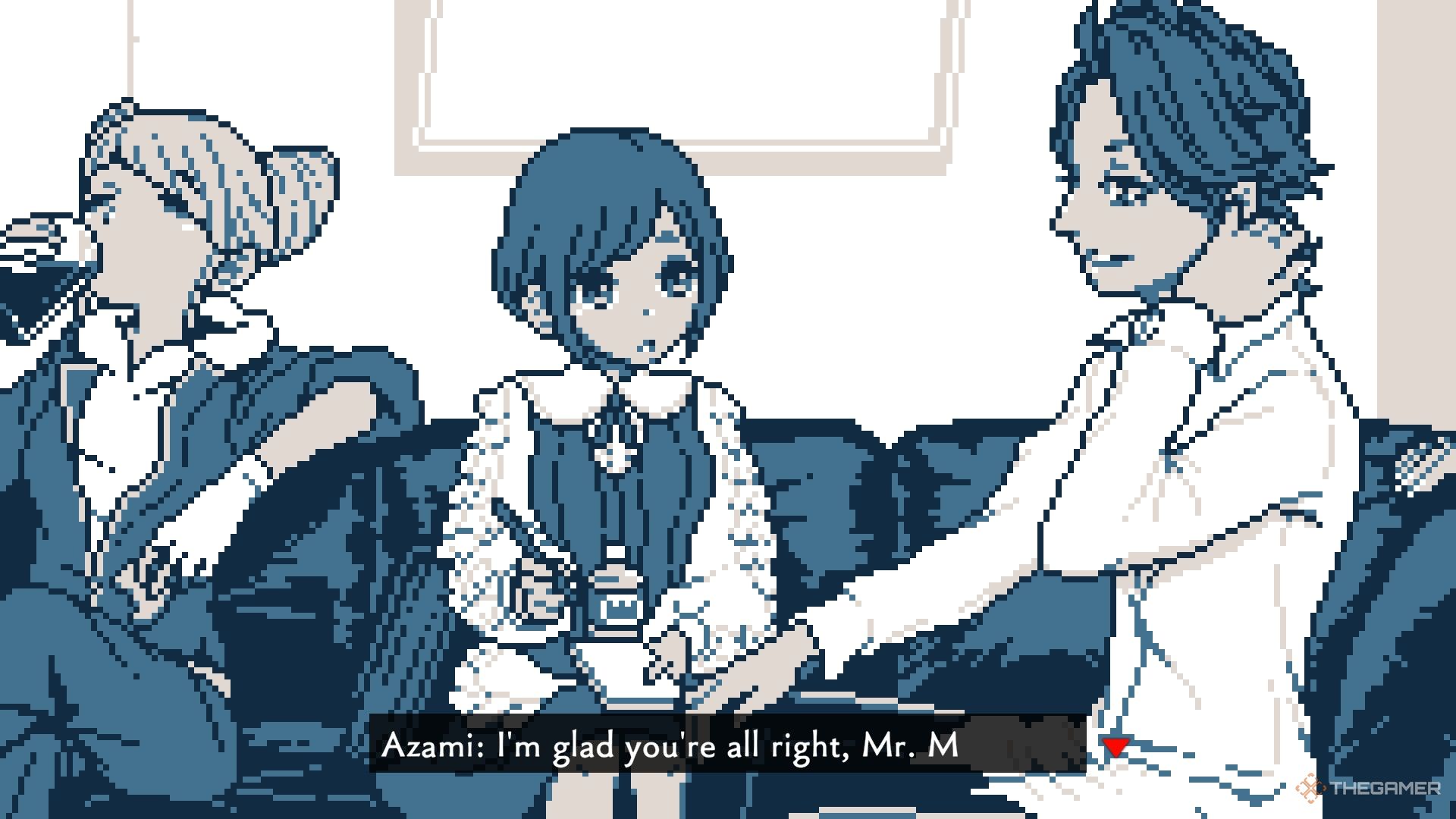 Jasmine is drinking tea while Azami is speakin with Mayusaki in Urban Myth Dissolution Center.