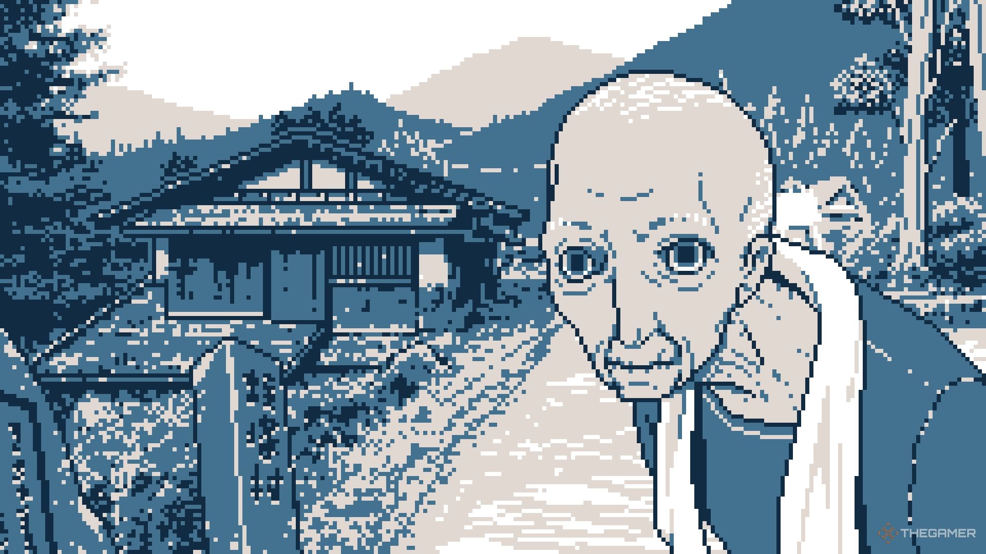 Azami arrives at Tajima Family Estate and an old man looks at her in Urban Myth Dissolution Center.