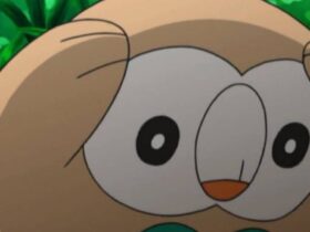 Rowlet looking stressed in the Pokemon anime.