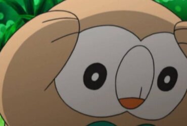 Rowlet looking stressed in the Pokemon anime.