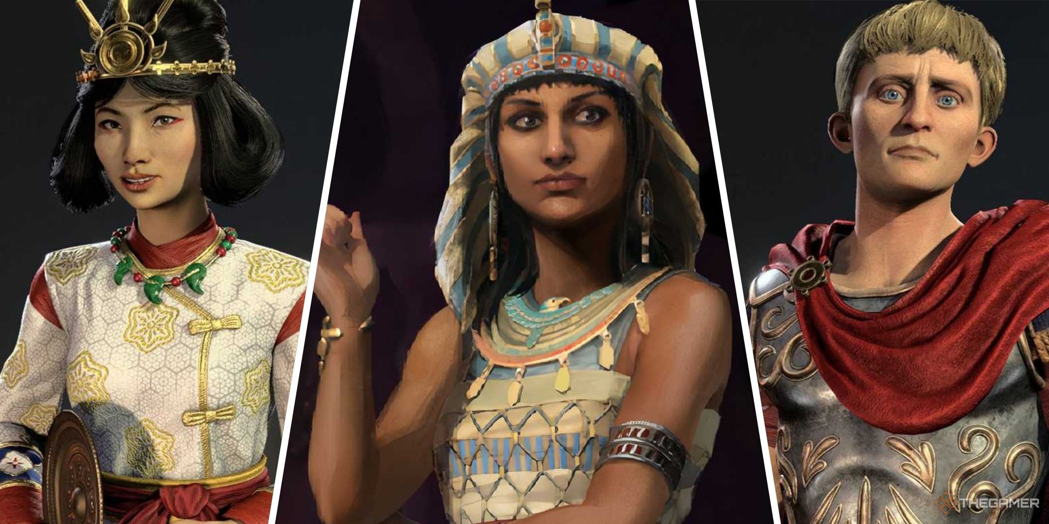 Split images of Himiko, Hatshepsut, and Augustus in Civilization 7.