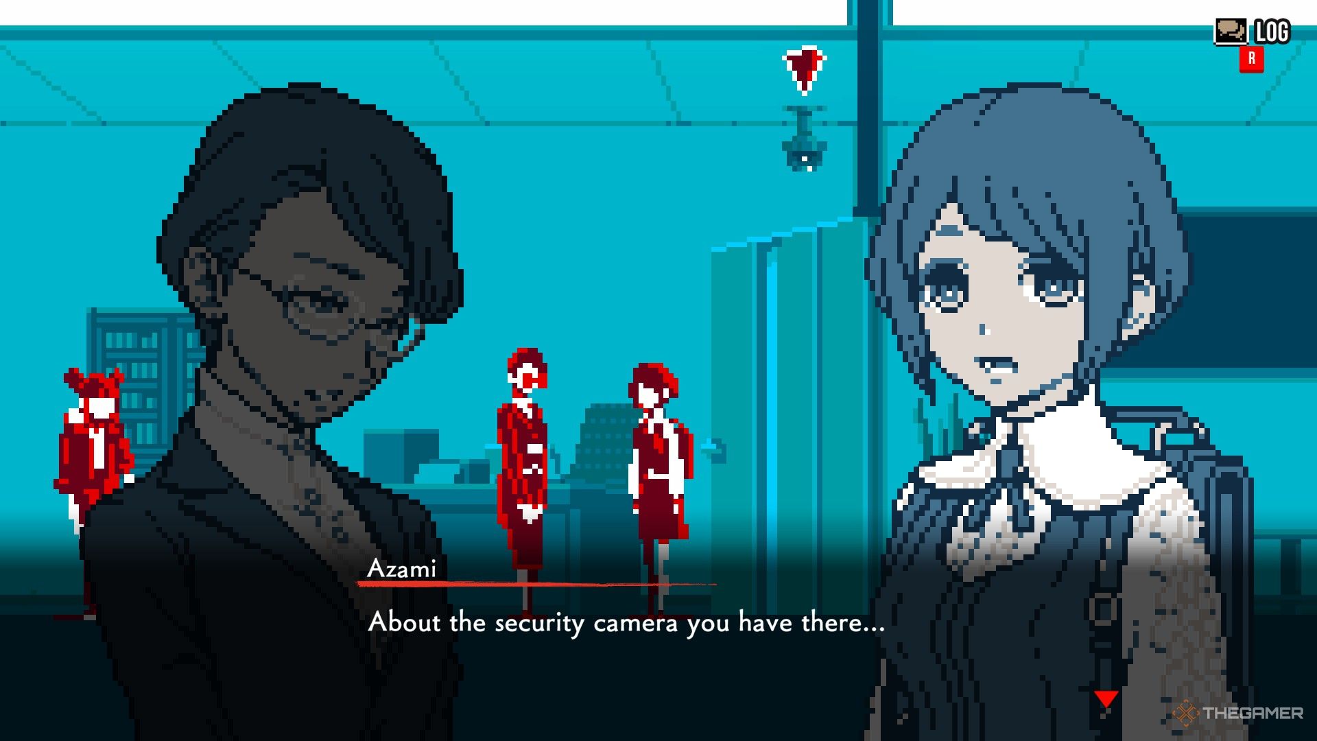 Azami asks the secretary about security cam in Urban Myth Dissolution Center.