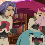 James, Jessie, and Wobbuffet from Team Rocket crying