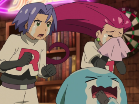 James, Jessie, and Wobbuffet from Team Rocket crying