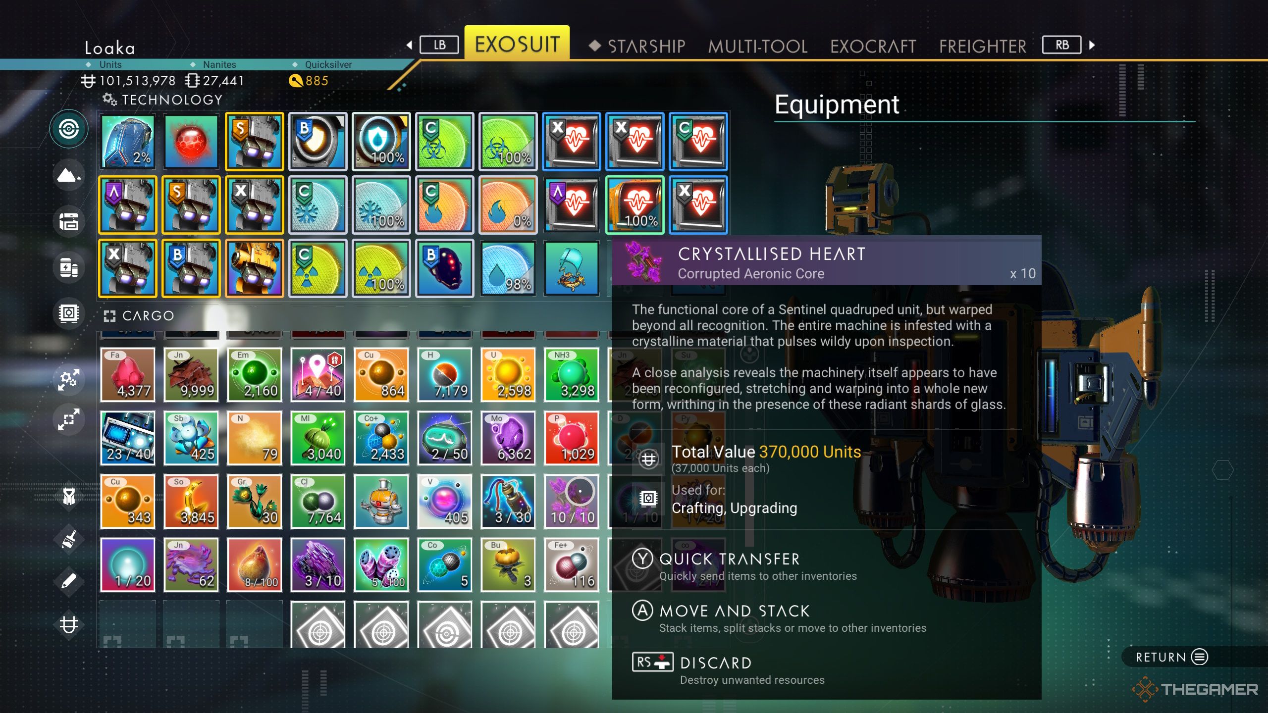 A Crystallised Heart in a player's inventory in No Man's Sky.