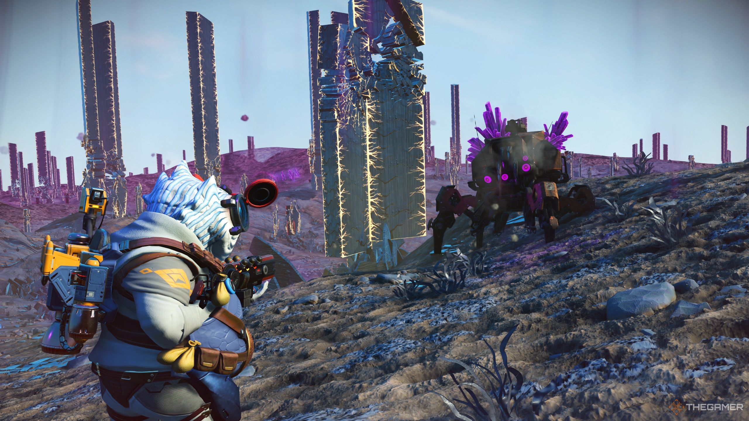 A Traveler fighting a Corrupted Sentinel Quadruped on a Dissonant Planet in No Man's Sky