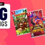 Images of three Nintendo Switch games featuring Super Mario Wonder, Pokemon Scarlet and Donkey Kong Country Returns HD, on a pink GamesRadar background.