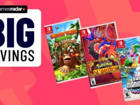 Images of three Nintendo Switch games featuring Super Mario Wonder, Pokemon Scarlet and Donkey Kong Country Returns HD, on a pink GamesRadar background.