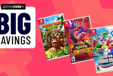 Images of three Nintendo Switch games featuring Super Mario Wonder, Pokemon Scarlet and Donkey Kong Country Returns HD, on a pink GamesRadar background.