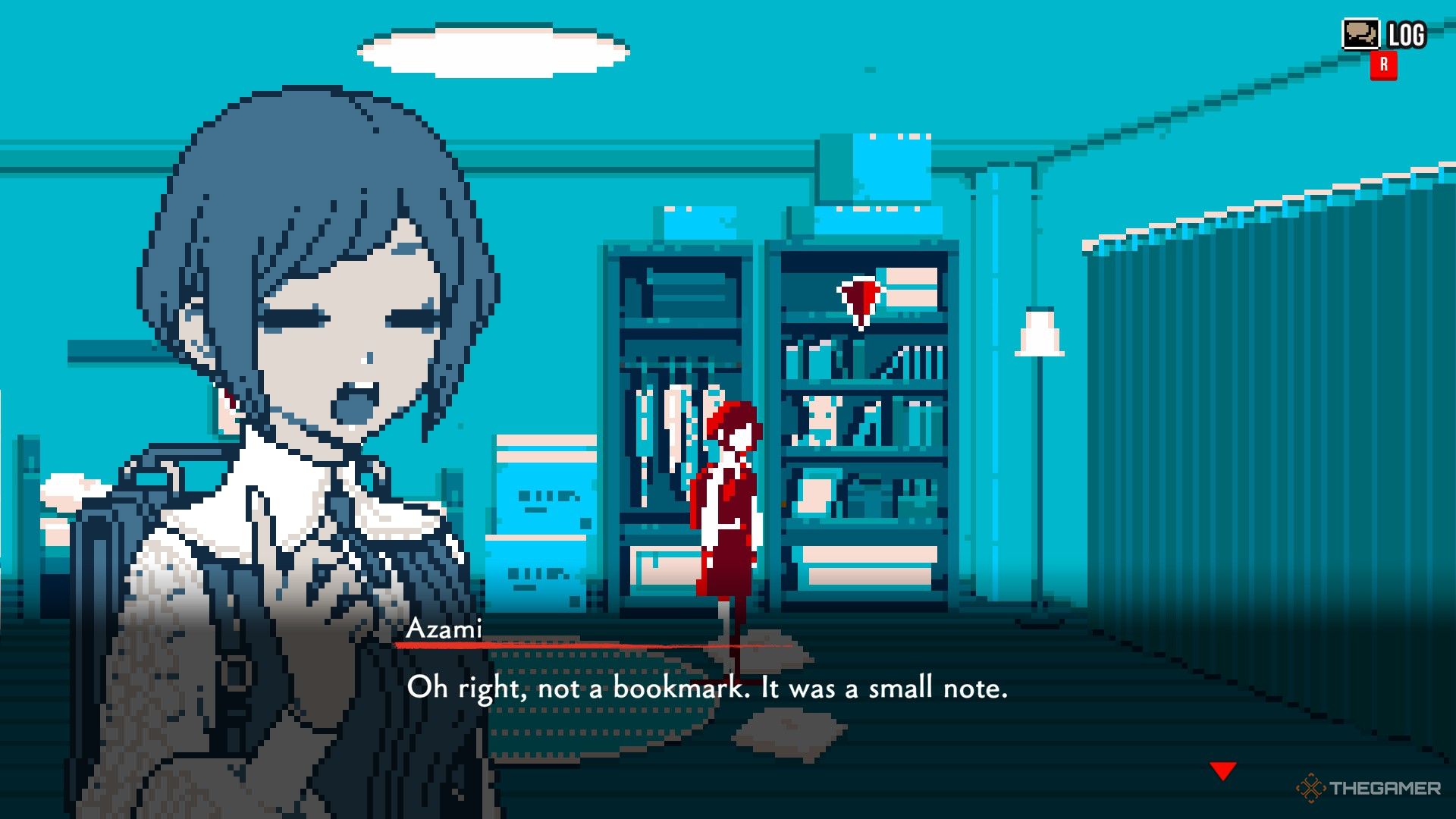 Azami interacts with the bookshelf on Mio's home in Urban Myth Dissolution Center.