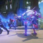 Screenshots of Overwatch 2 showing teams battling it out along with new perks and a Stadium game mode in action