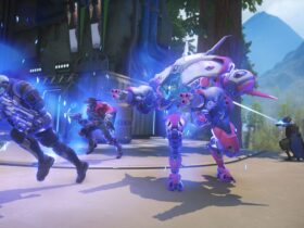 Screenshots of Overwatch 2 showing teams battling it out along with new perks and a Stadium game mode in action