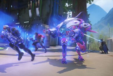 Screenshots of Overwatch 2 showing teams battling it out along with new perks and a Stadium game mode in action