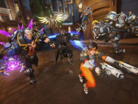 Screenshots of Overwatch 2 showing teams battling it out along with new perks and a Stadium game mode in action