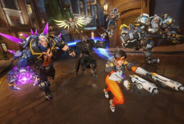 Screenshots of Overwatch 2 showing teams battling it out along with new perks and a Stadium game mode in action