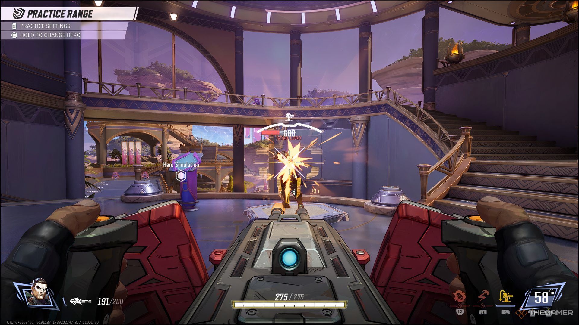 The Punisher aiming over Star-Lord with his turret in Marvel Rivals' Practice Range.