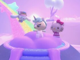 A screenshot shows the mail carrier Cinnamoroll flying down a rainbow toward Hello Kitty.