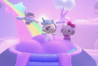 A screenshot shows the mail carrier Cinnamoroll flying down a rainbow toward Hello Kitty.