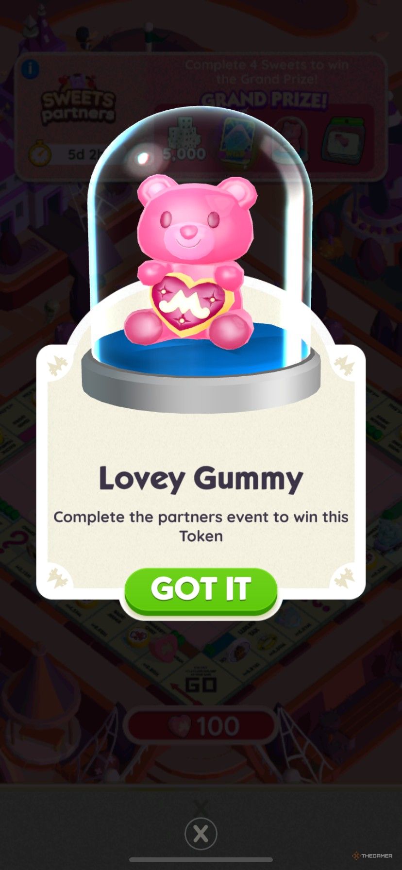 The Lovey Gummy token in Monopoly Go from Sweet Partners.