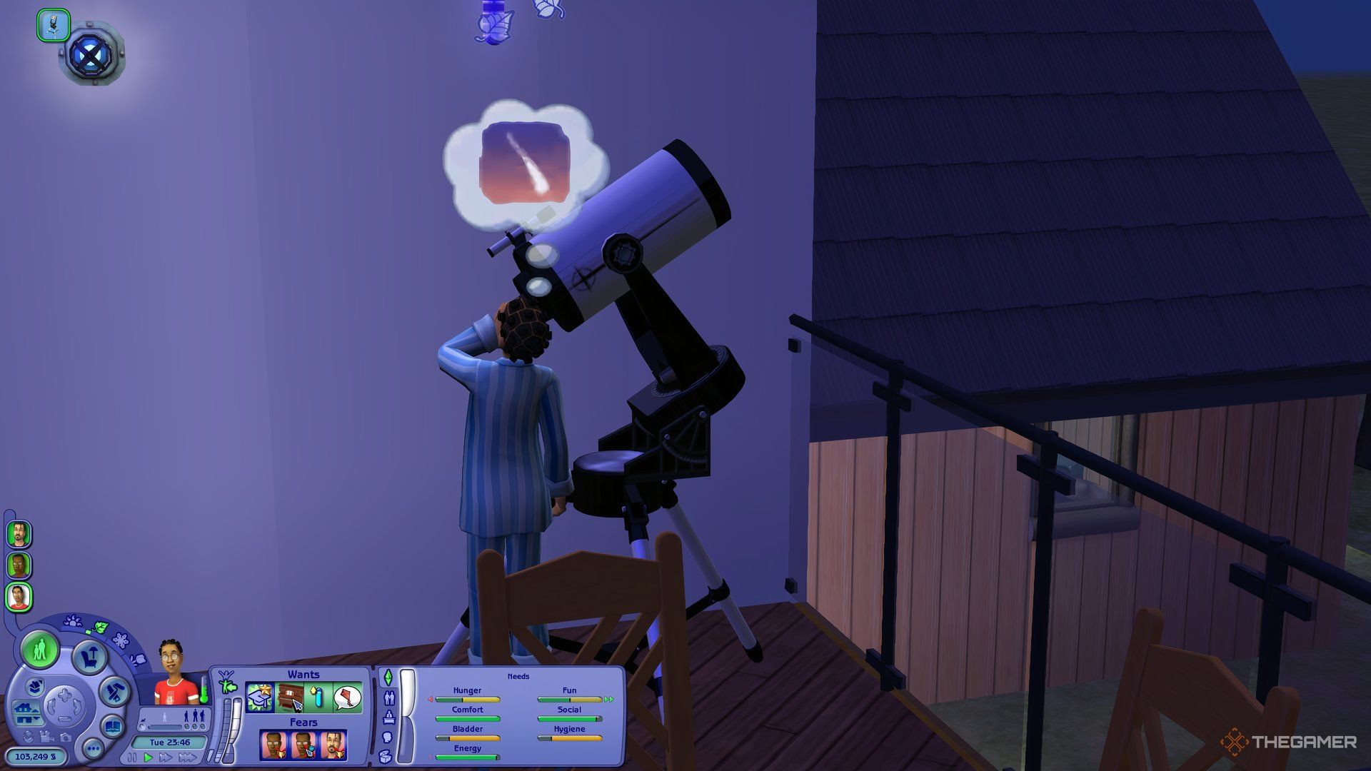 A child Sim in The Sims 2 stargazing using a telescope on a balcony, thinking of space.