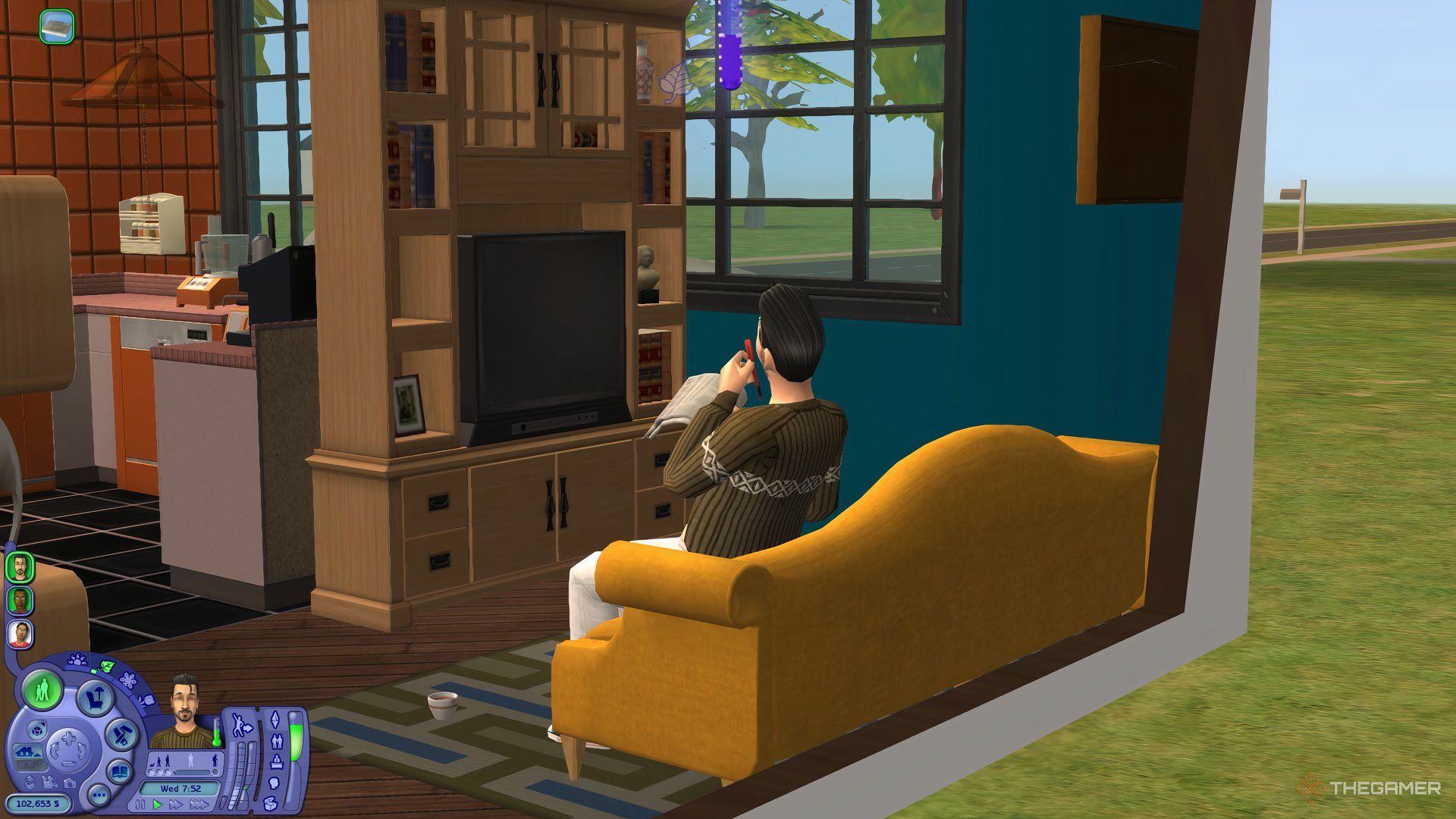 A Sim in The Sims 2 doing the crossword on the newspaper sat on a sofa.