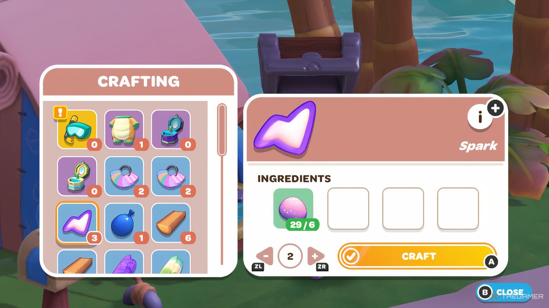 Crafting menu showing several crafting recipes and focusing on the one for a Spark in Hello Kitty Island Adventure.