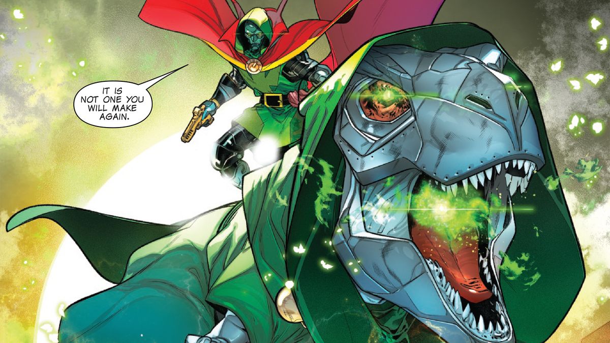 Doctor Doom riding a robotic T-Rex version of himself