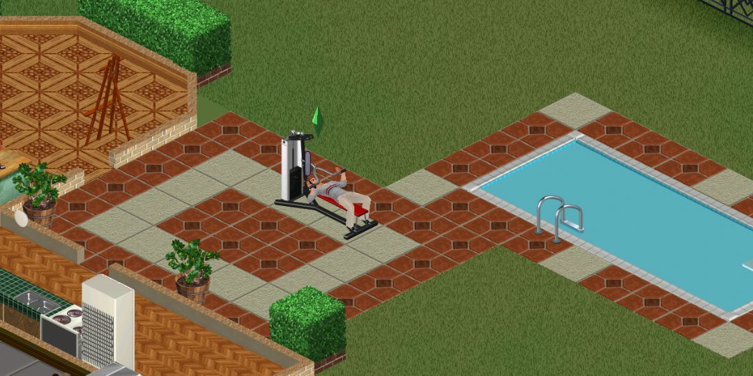 A male Sim works out on an exercise machine besides the pool.