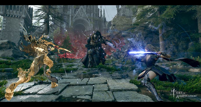 Tides of Annihilation screenshot showing protagonist Gwendolyn facing a dark knight next to a summoned spectral gold knight