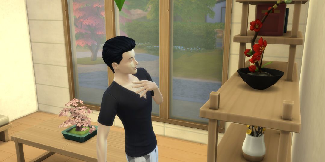 A male Sim looks at a bookshelf while purchasing books.