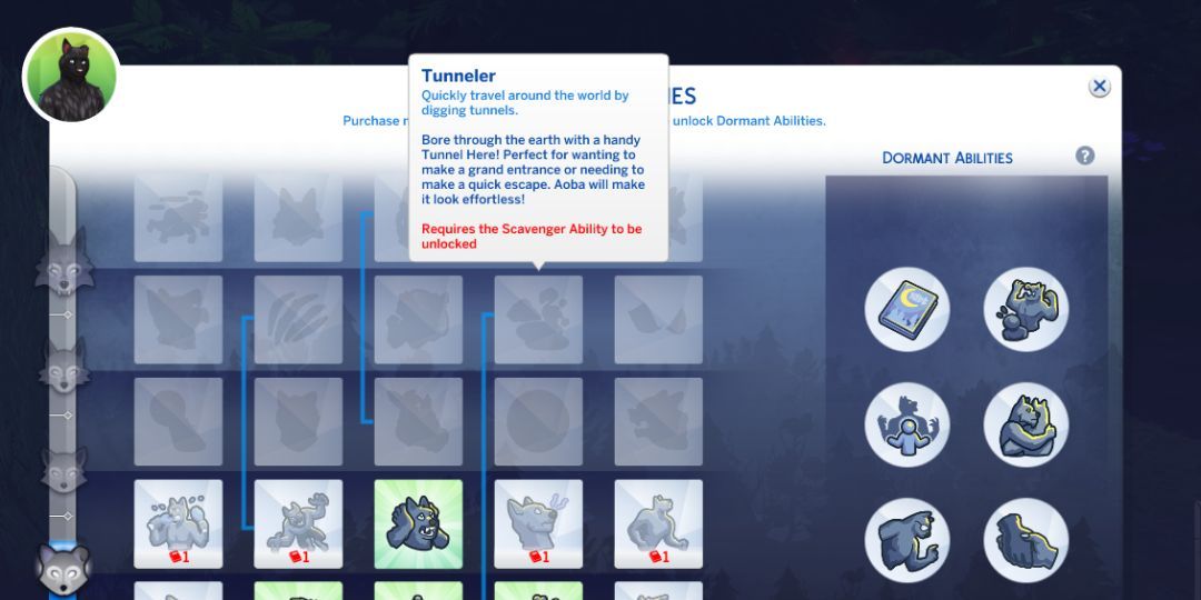 The Sims 4 Werewolf Power Tree is shown as it focuses on the Tunneler power.